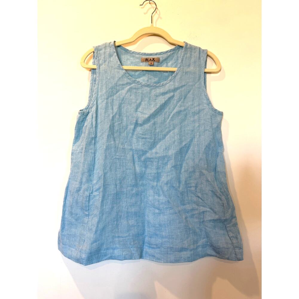 FLAX 100% linen wide strap tank small Turquoise blue white stripe cottagecore